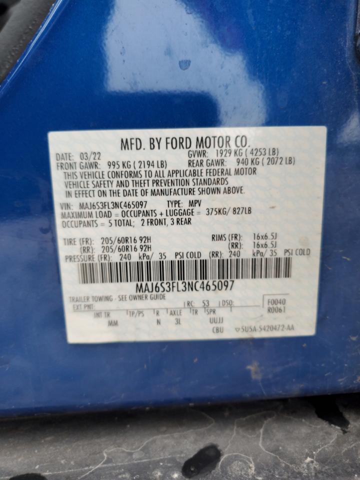 2022 FORD ECOSPORT S VIN:MAJ6S3FL3NC465097
