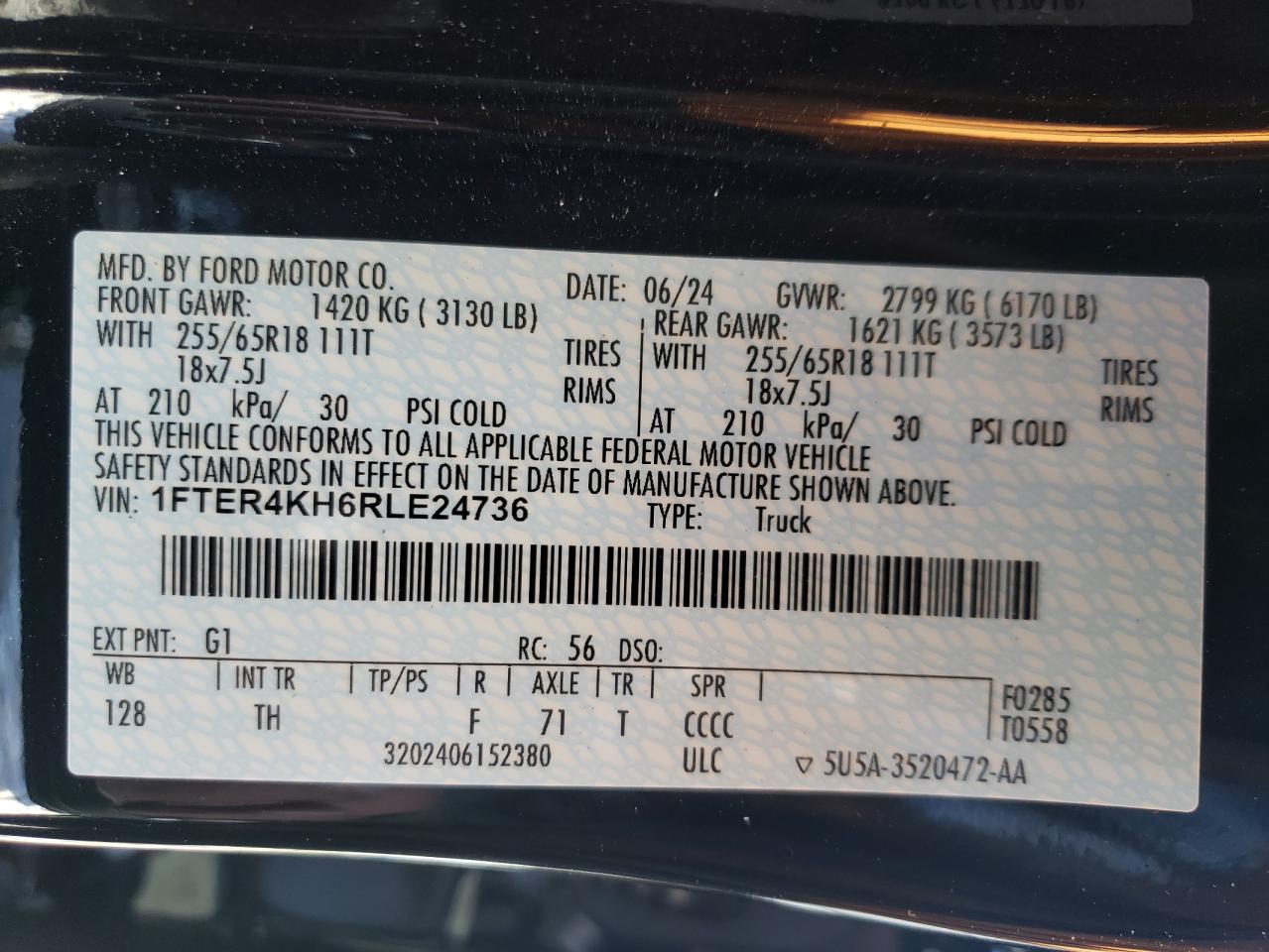 2024 FORD RANGER LARIAT VIN:1FTER4KH6RLE24736