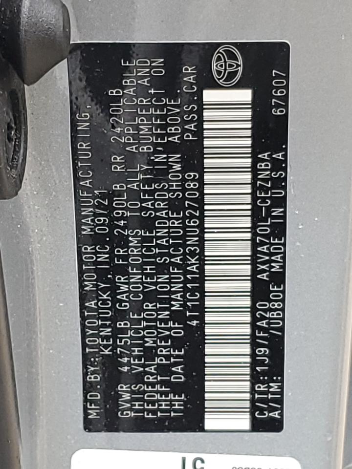 2022 TOYOTA CAMRY LE VIN:4T1C11AK3NU627089