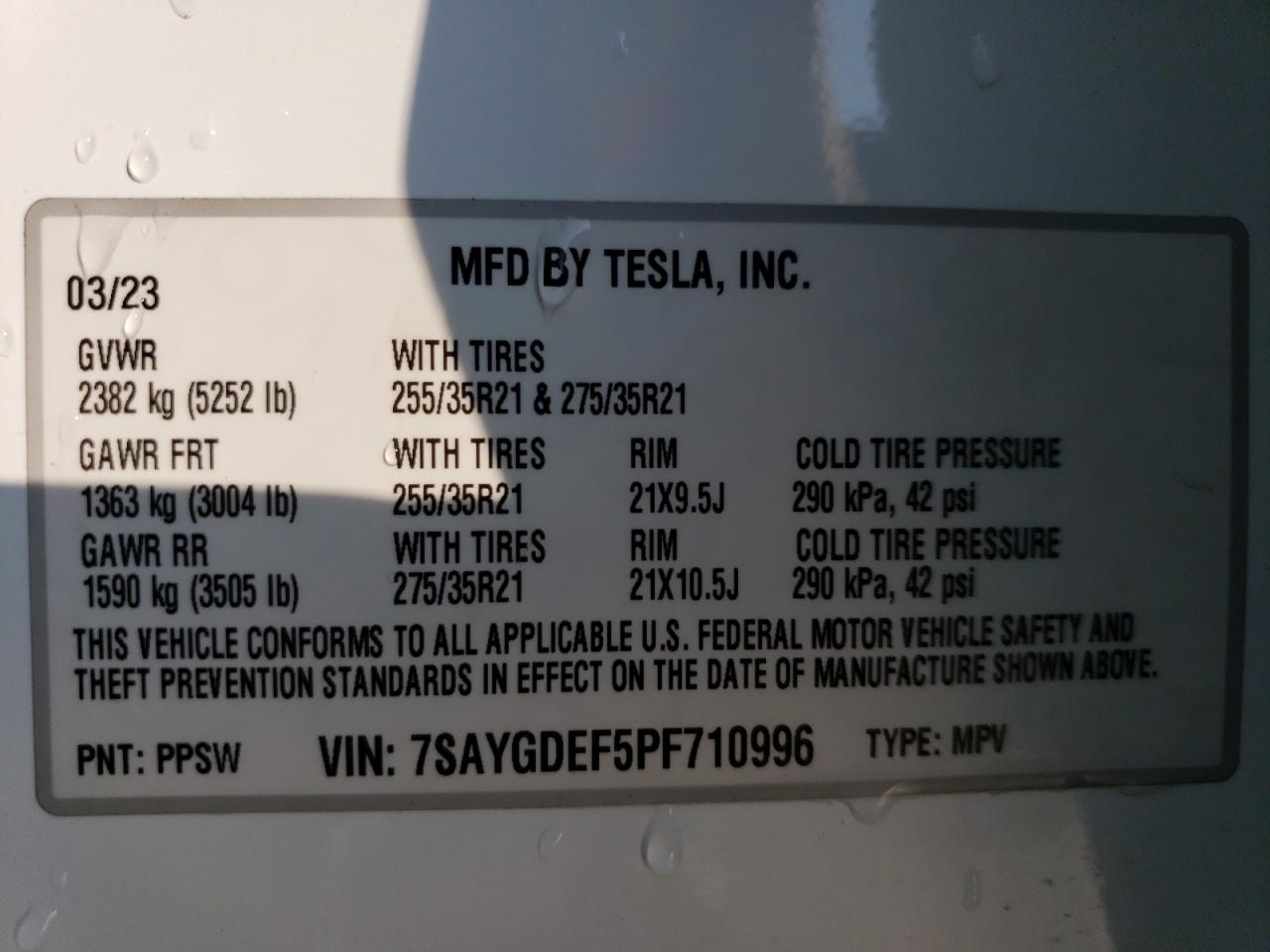 2023 TESLA MODEL Y VIN:7SAYGDEF5PF710996