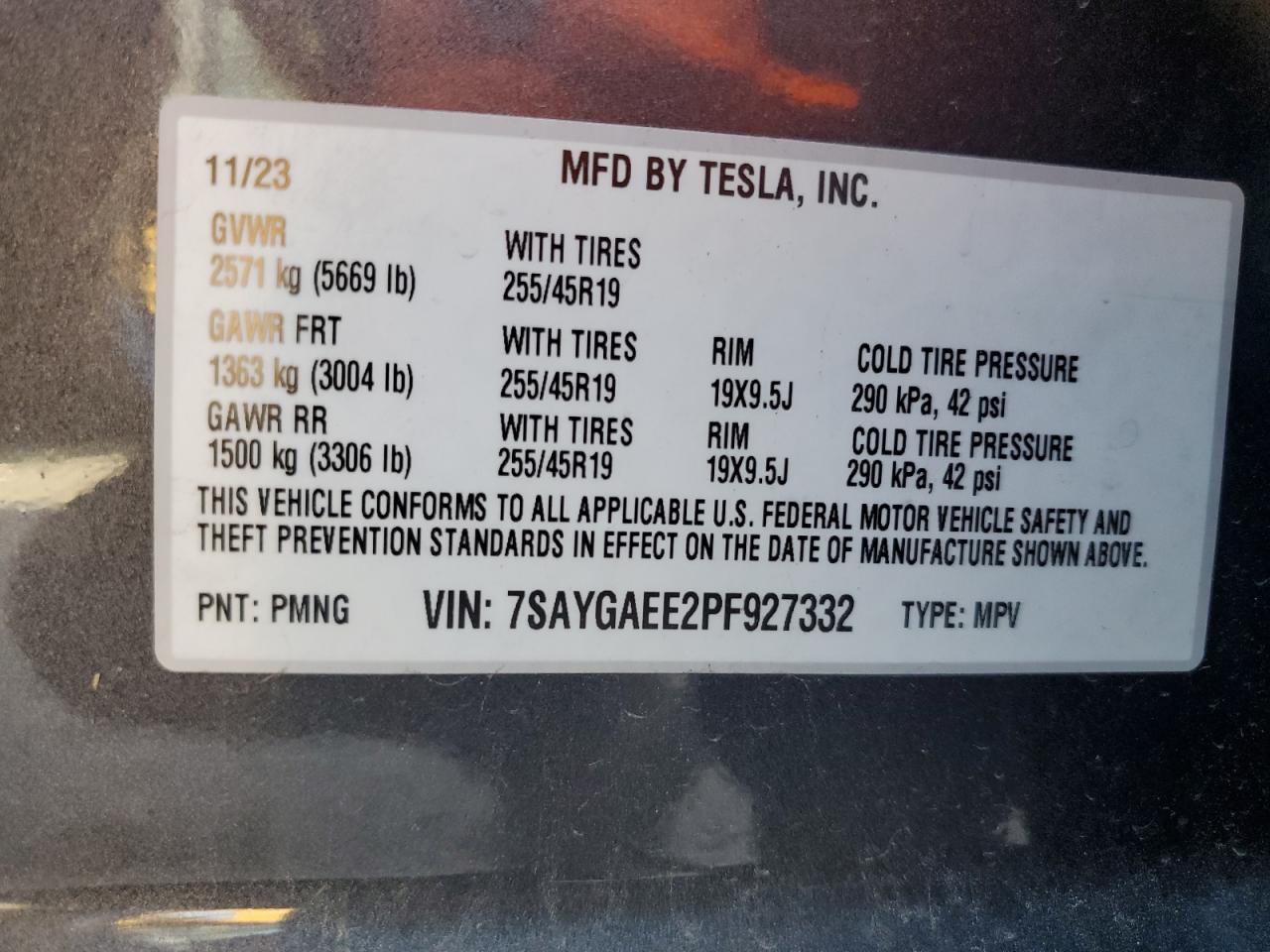 2023 TESLA MODEL Y VIN:7SAYGAEE2PF927332