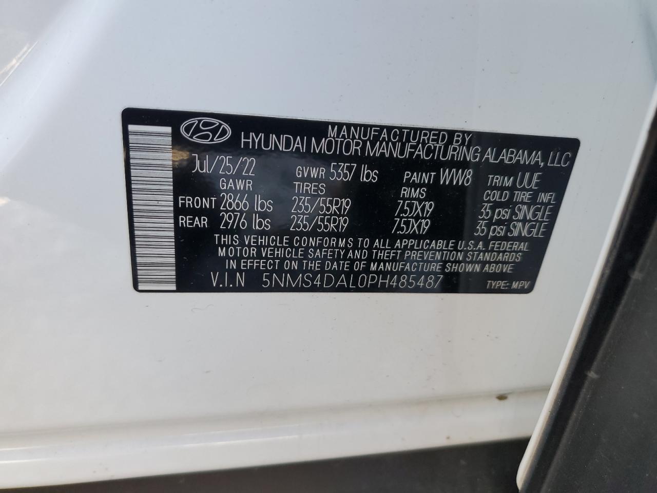 2023 HYUNDAI SANTA FE LIMITED VIN:5NMS4DAL0PH485487