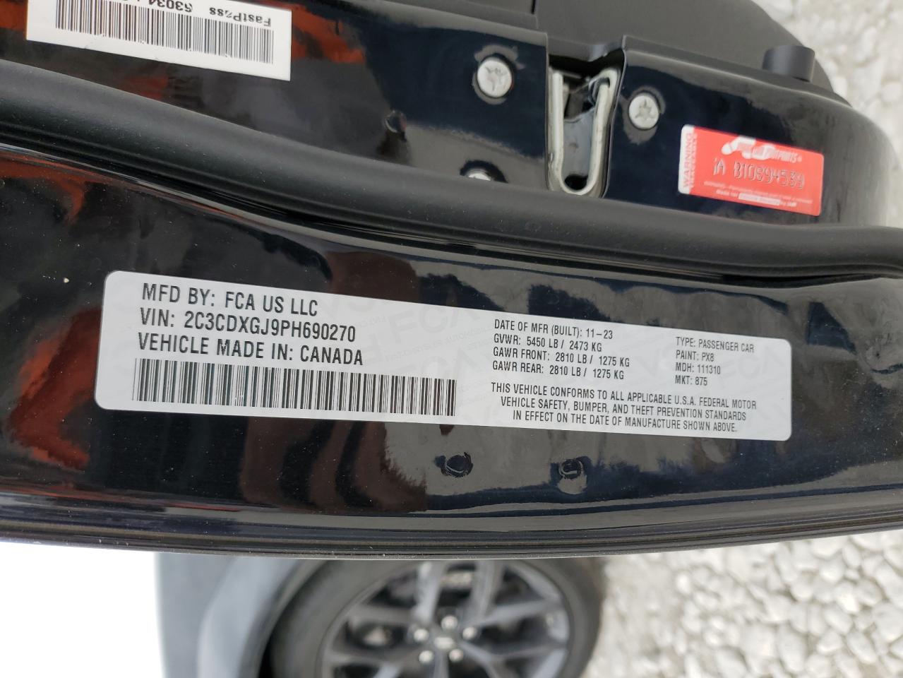 2023 DODGE CHARGER SCAT PACK VIN:2C3CDXGJ9PH690270