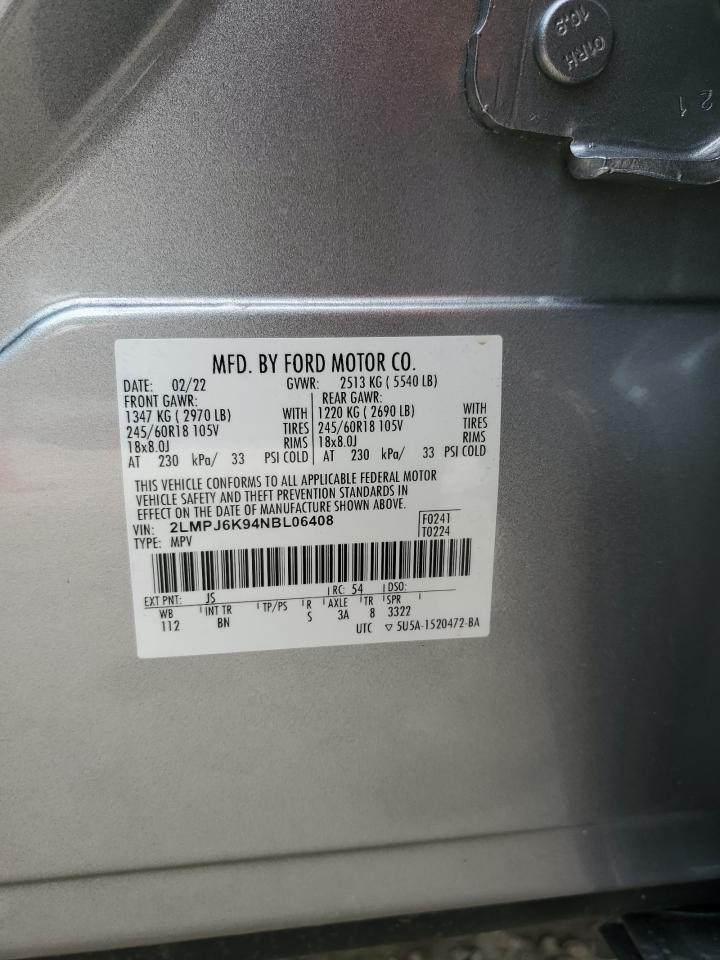 2022 LINCOLN NAUTILUS RESERVE VIN:2LMPJ6K94NBL06408