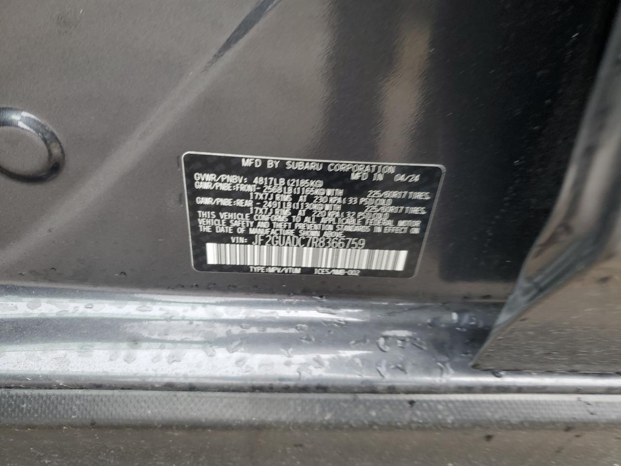 2024 SUBARU CROSSTREK PREMIUM VIN:JF2GUADC7R8366759