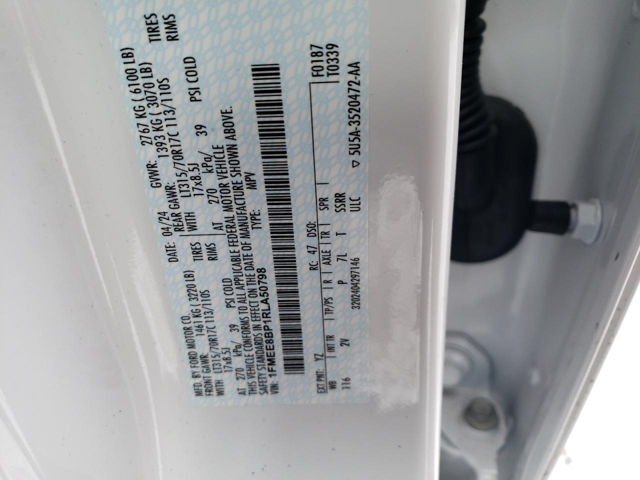 2024 FORD BRONCO OUTER BANKS VIN:1FMEE8BP1RLA50798