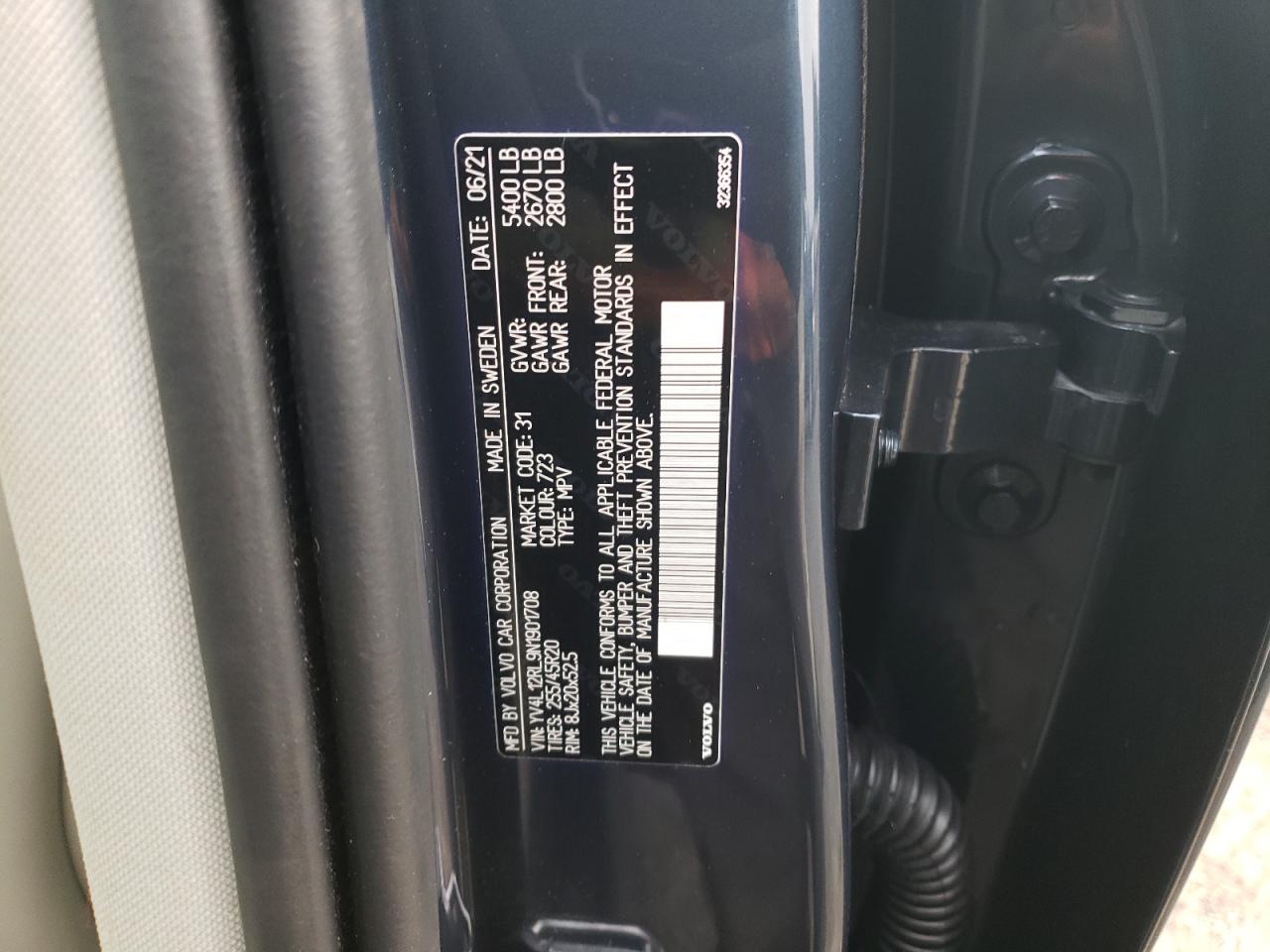 2022 VOLVO XC60 B5 INSCRIPTION VIN:YV4L12RL9N1901708