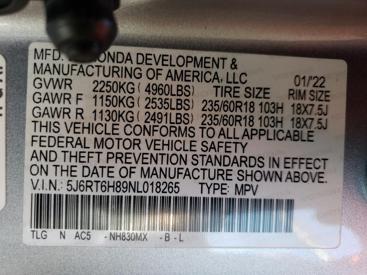 2022 HONDA CR-V EXL VIN:5J6RT6H89NL018265