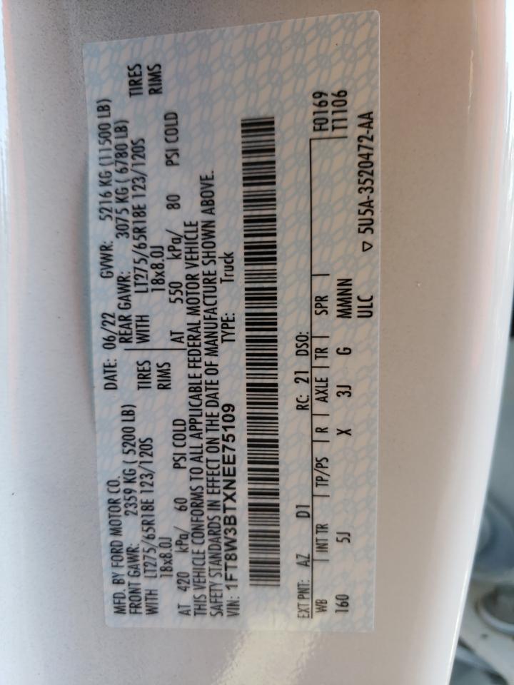 2022 FORD F350 SUPER DUTY VIN:1FT8W3BTXNEE75109