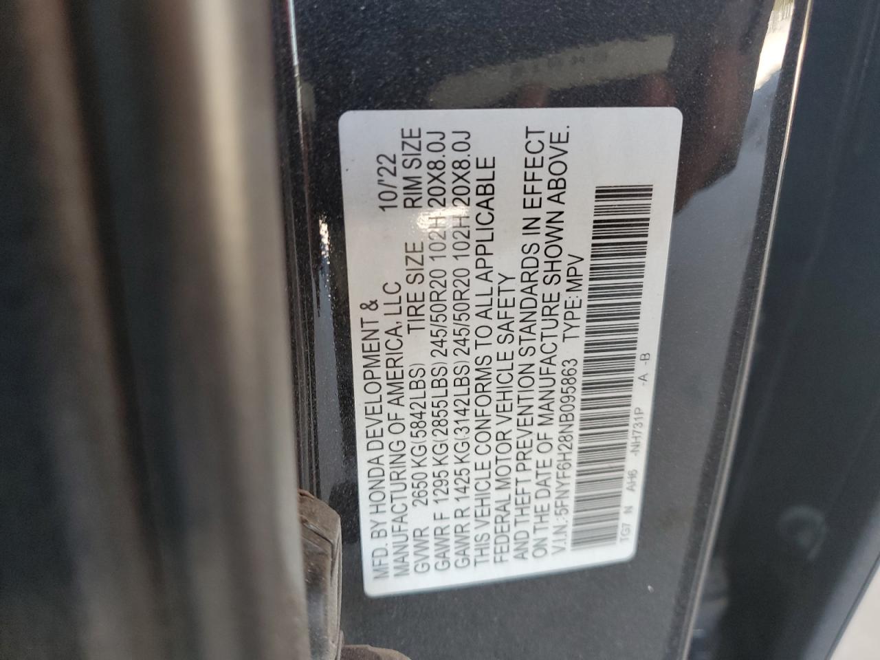 2022 HONDA PILOT SE VIN:5FNYF6H28NB095863