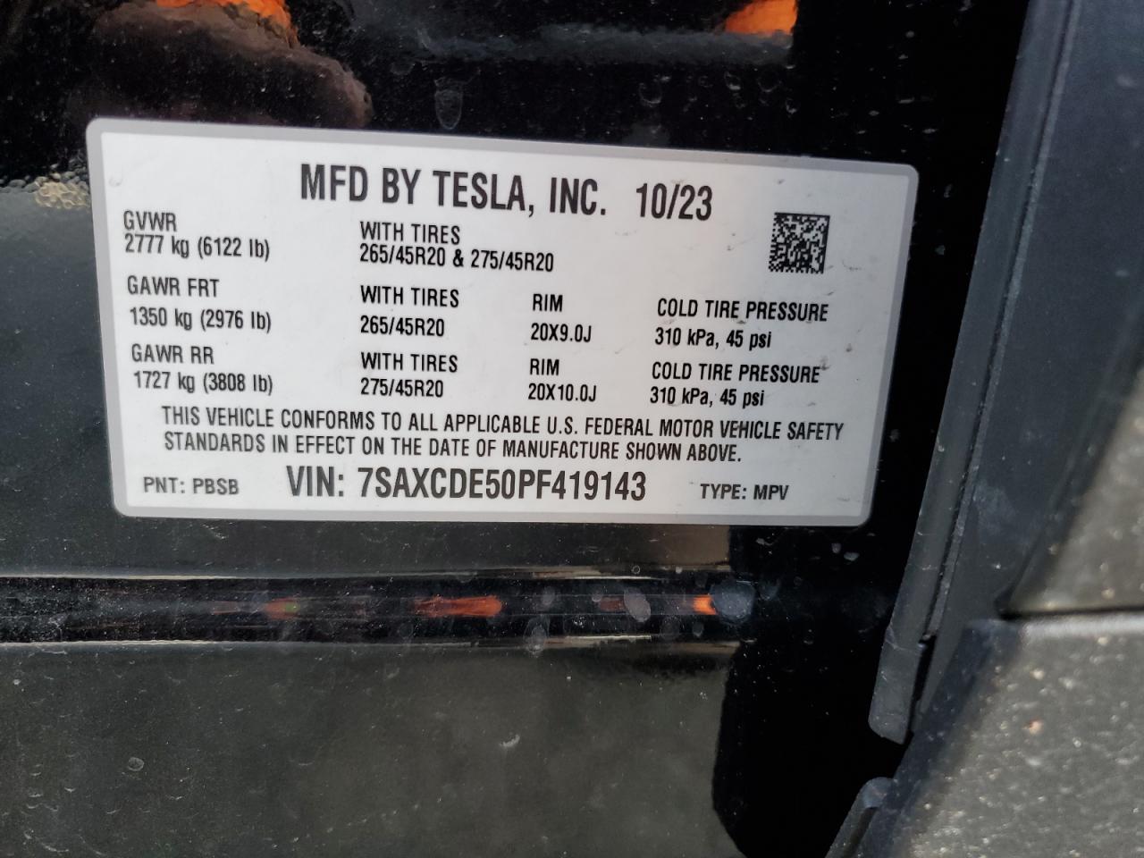 2023 TESLA MODEL X VIN:7SAXCDE50PF419143