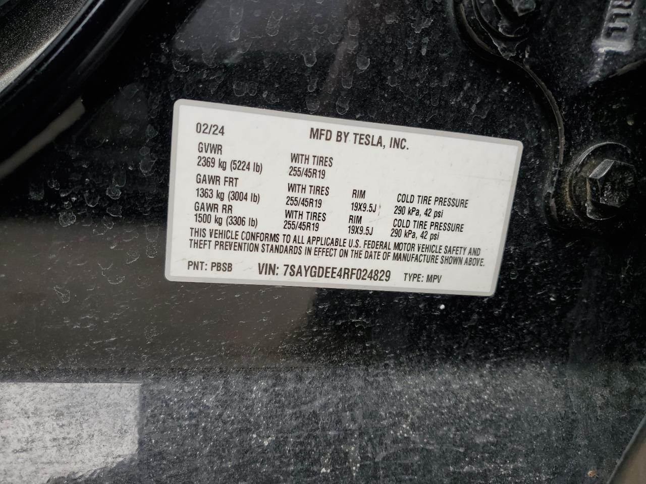 2024 TESLA MODEL Y VIN:7SAYGDEE4RF024829