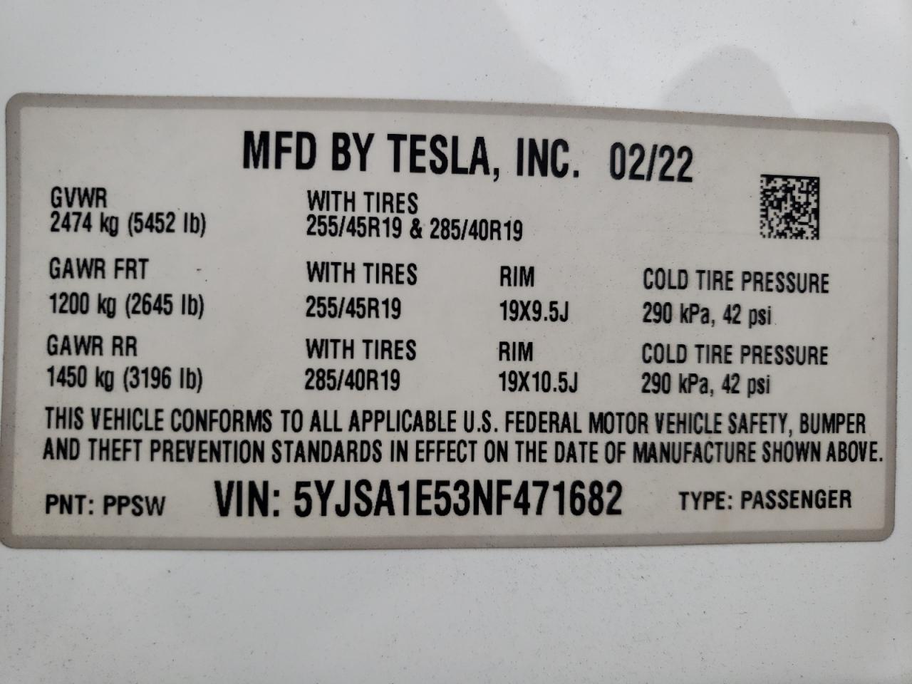 2022 TESLA MODEL S VIN:5YJSA1E53NF471682