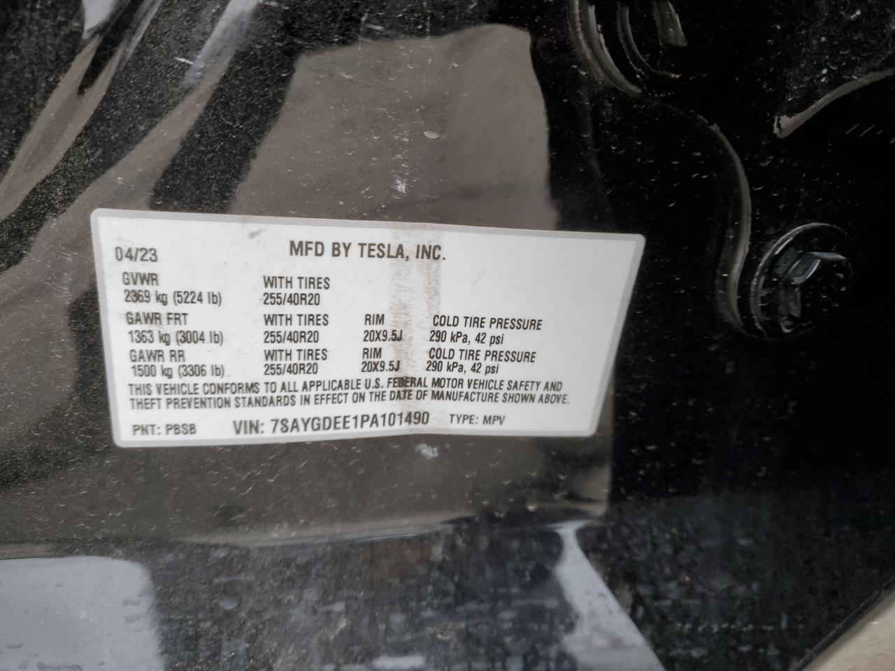 2023 TESLA MODEL Y VIN:7SAYGDEE1PA101490