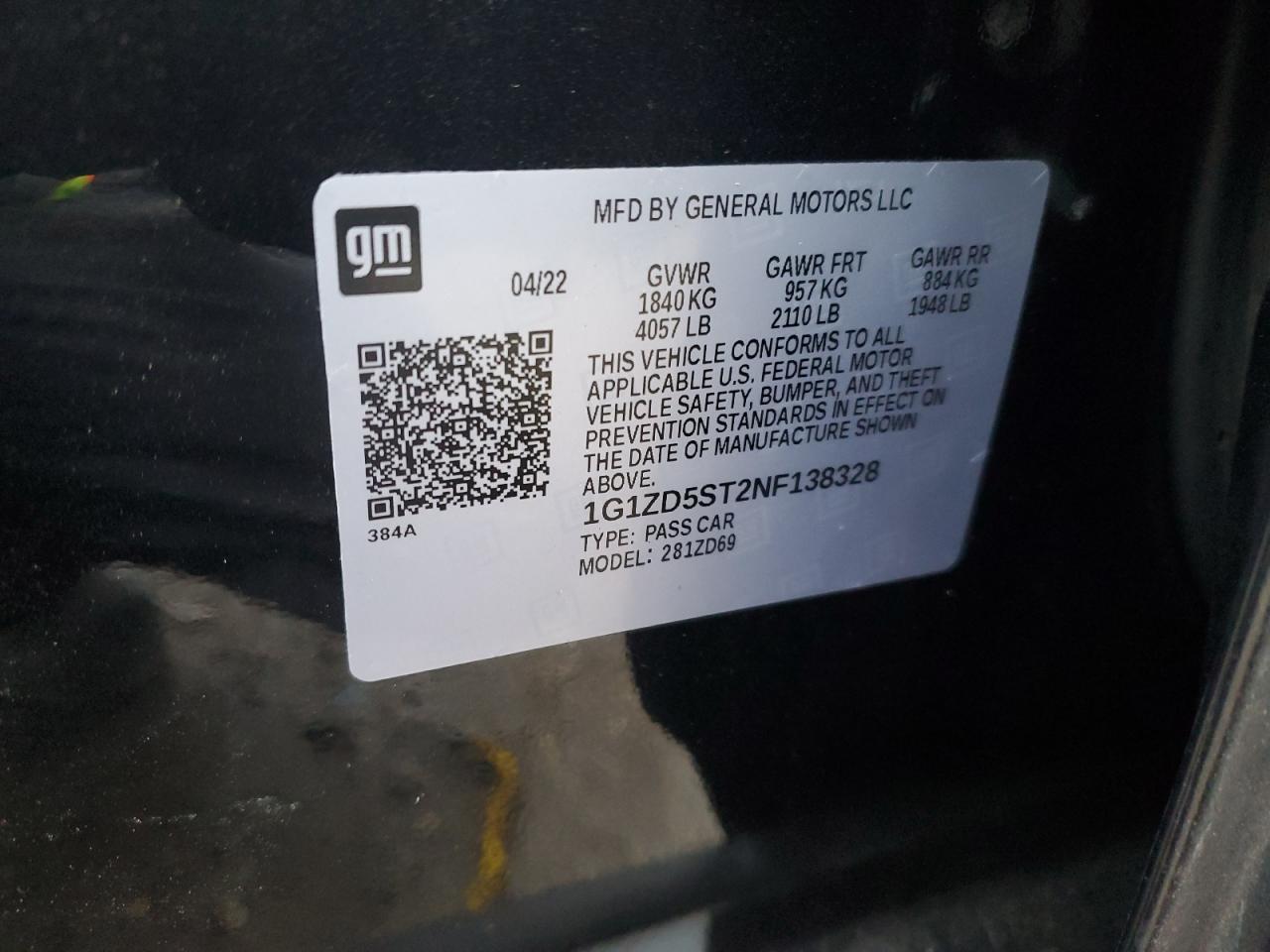 2022 CHEVROLET MALIBU LT VIN:1G1ZD5ST2NF138328