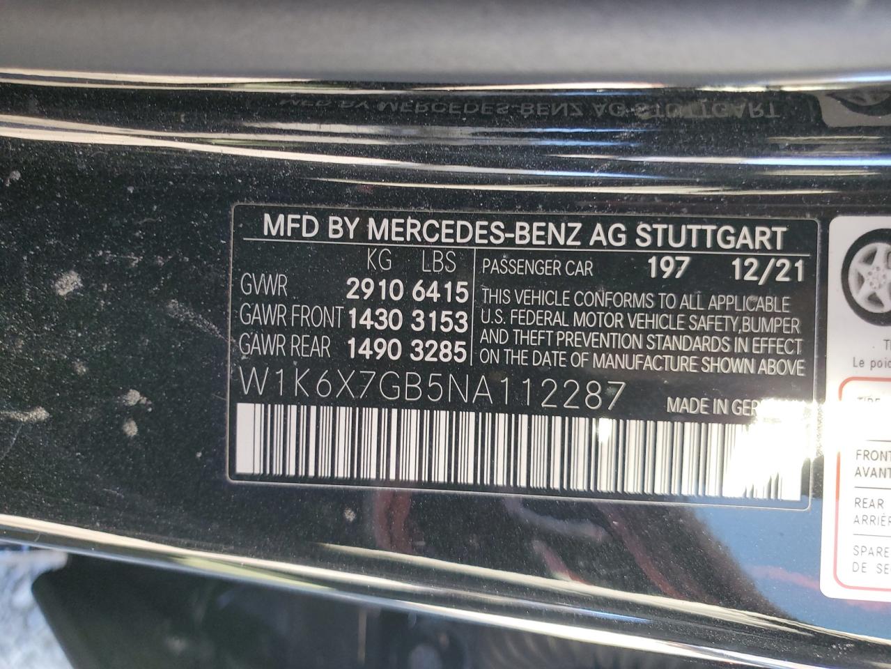 2022 MERCEDES-BENZ S MERCEDES-MAYBACH S 580 4M VIN:W1K6X7GB5NA112287