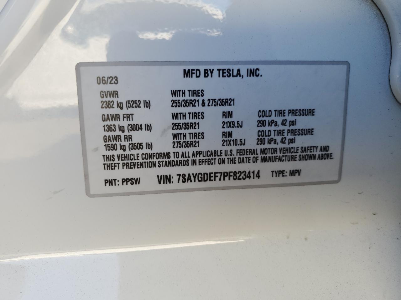2023 TESLA MODEL Y VIN:7SAYGDEF7PF823414