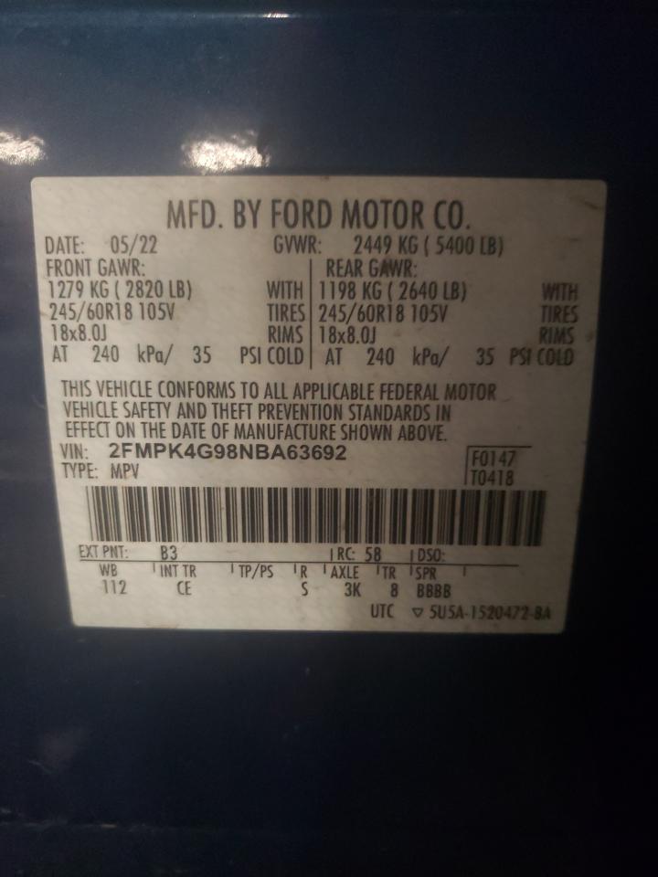 2022 FORD EDGE SE VIN:2FMPK4G98NBA63692