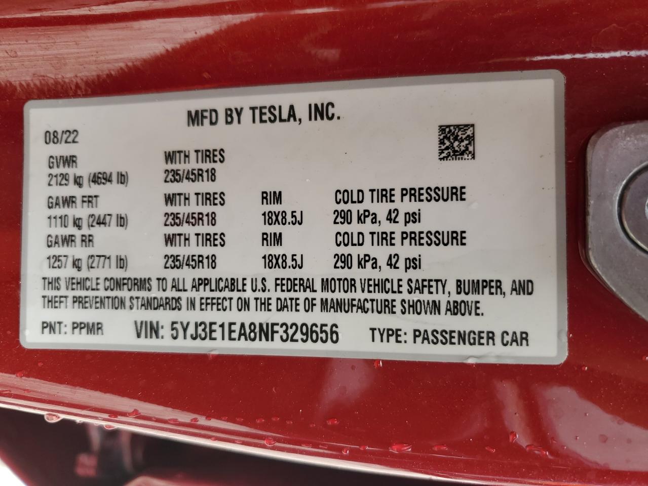 2022 TESLA MODEL 3 VIN:5YJ3E1EA8NF329656