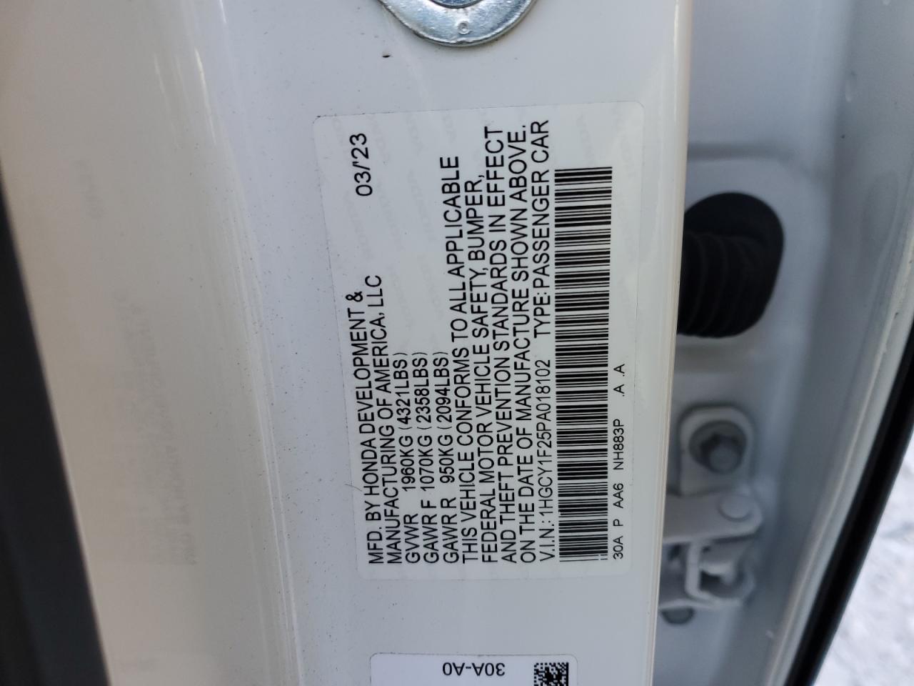 2023 HONDA ACCORD LX VIN:1HGCY1F25PA018102