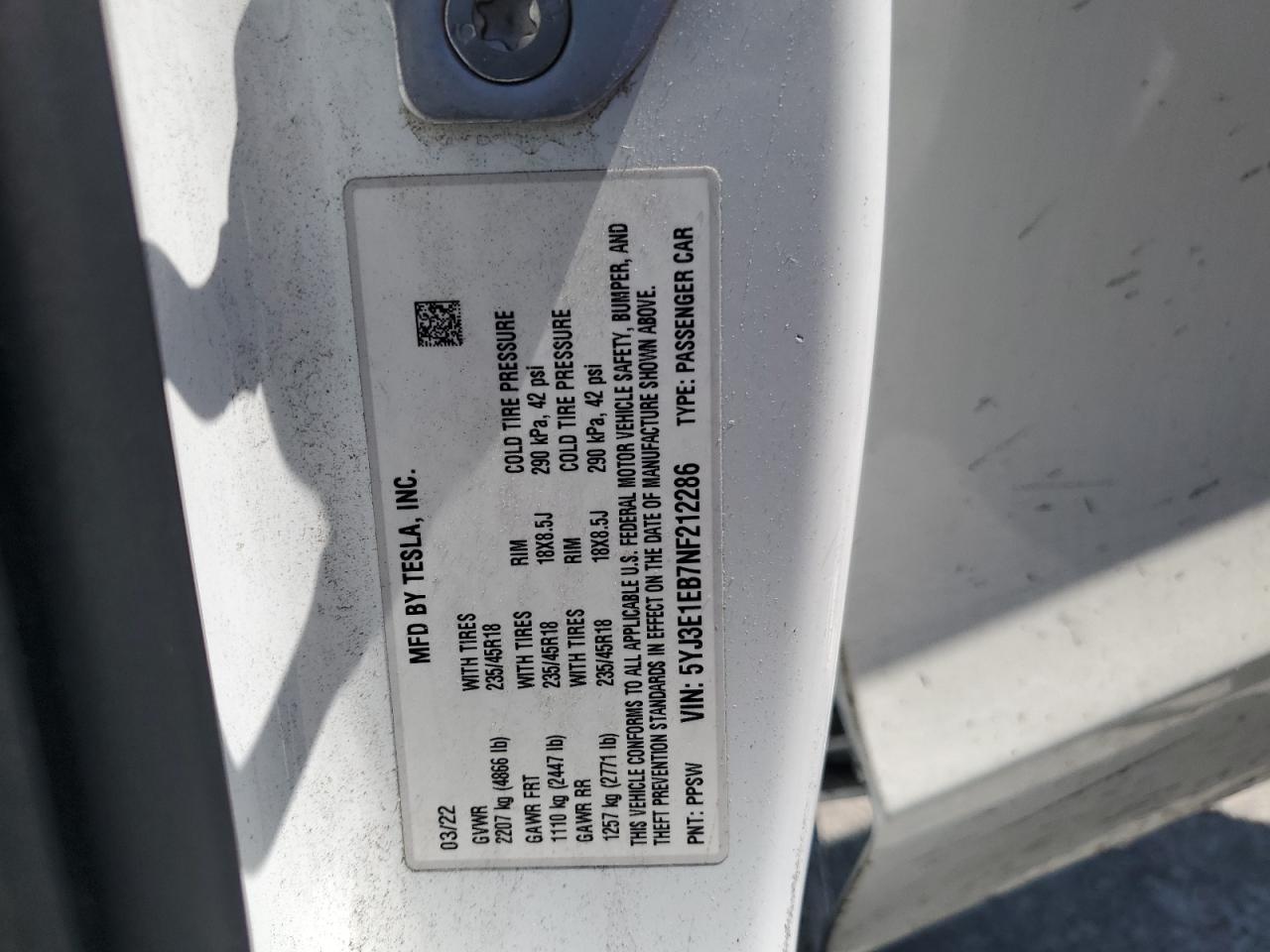 2022 TESLA MODEL 3 VIN:5YJ3E1EB7NF212286