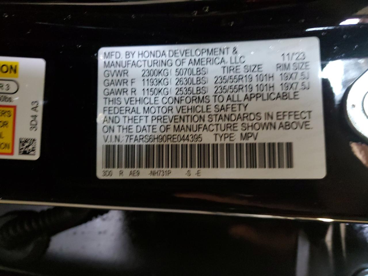 2024 HONDA CR-V SPORT TOURING VIN:7FARS6H90RE044395