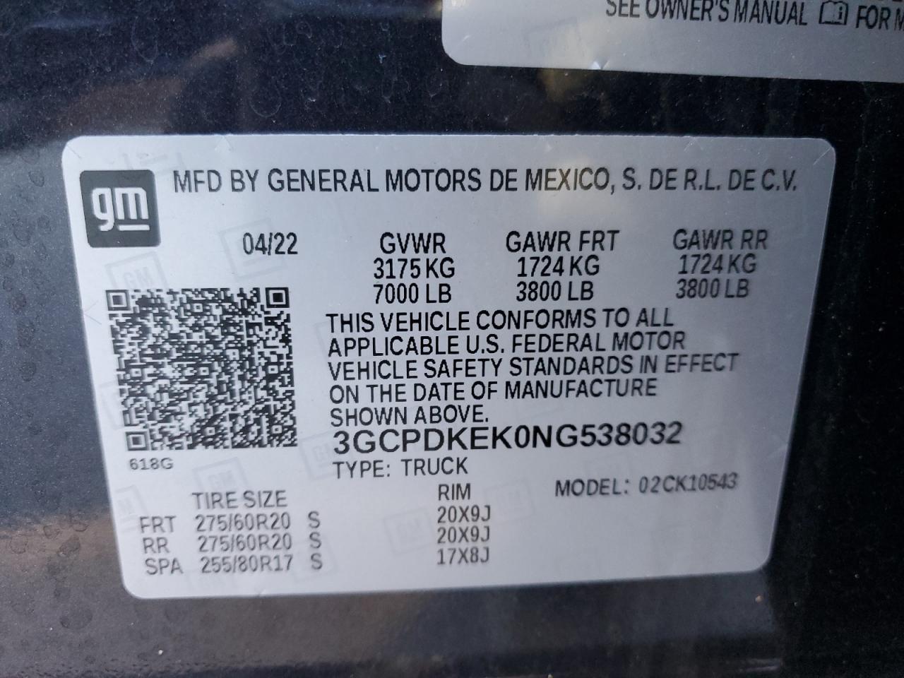 2022 CHEVROLET SILVERADO K1500 LT-L VIN:3GCPDKEK0NG538032