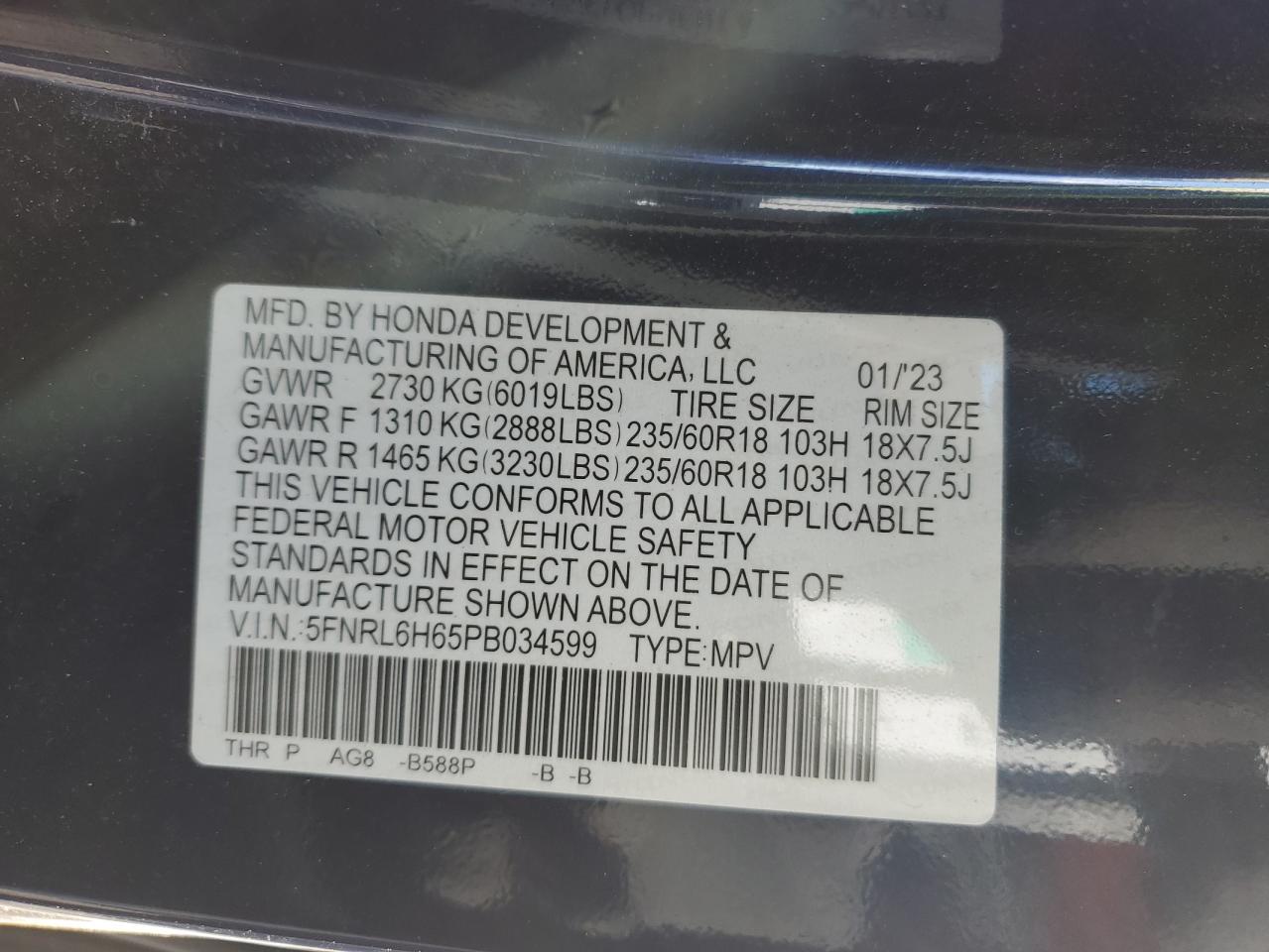 2023 HONDA ODYSSEY EXL VIN:5FNRL6H65PB034599