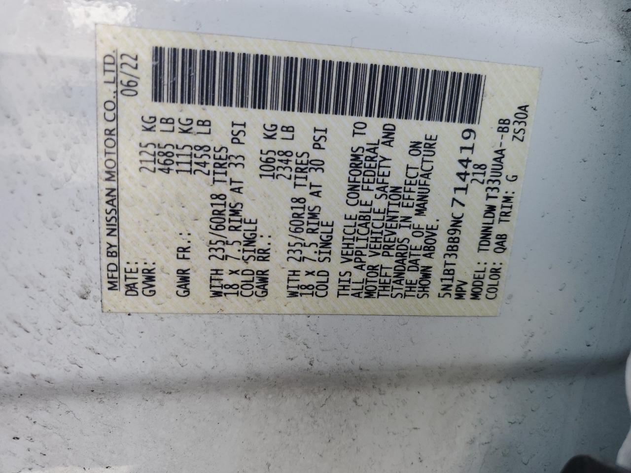 2022 NISSAN ROGUE SV VIN:5N1BT3BB9NC714419
