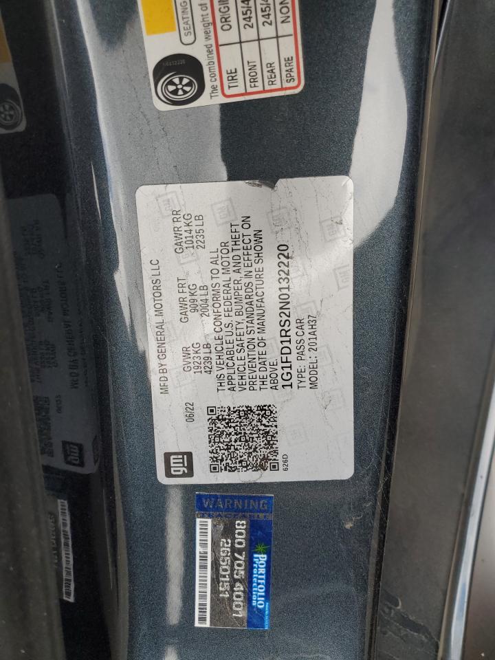 2022 CHEVROLET CAMARO LT VIN:1G1FD1RS2N0132220