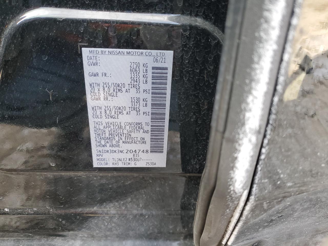 2022 NISSAN PATHFINDER PLATINUM VIN:5N1DR3DK3NC204748