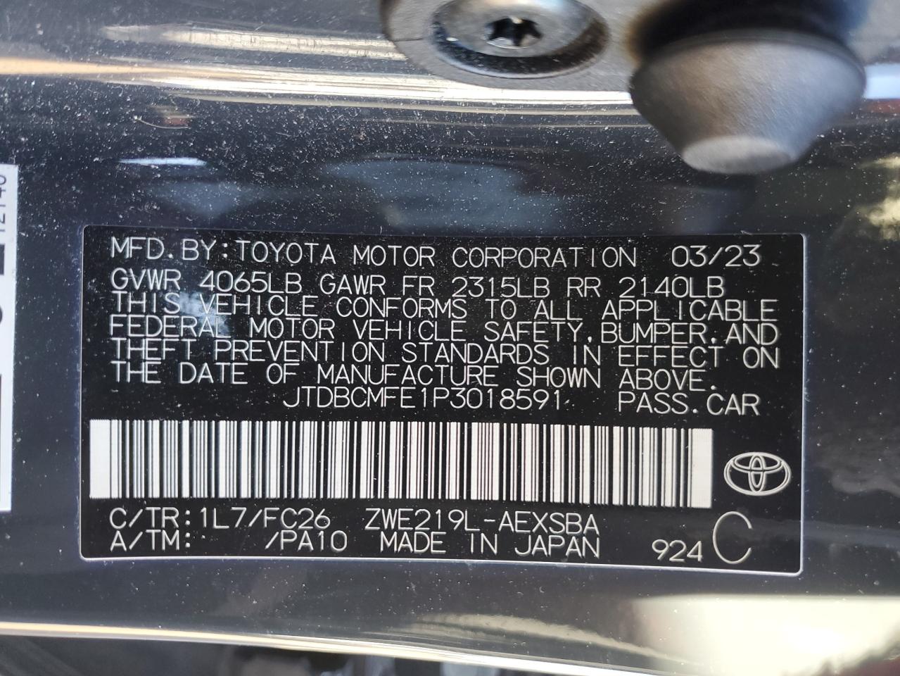 2023 TOYOTA COROLLA LE VIN:JTDBCMFE1P3018591