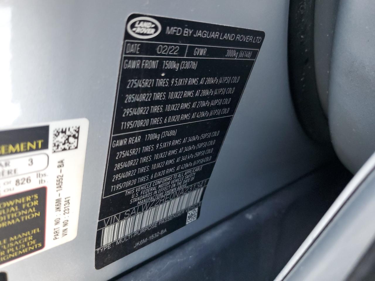 2022 LAND ROVER RANGE ROVER SPORT SVR VIN:SALWZ2RE0NA231341