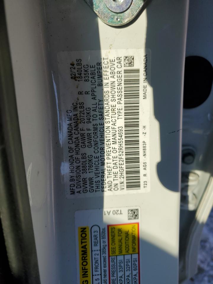 2024 HONDA CIVIC SPORT VIN:2HGFE2F52RH554693
