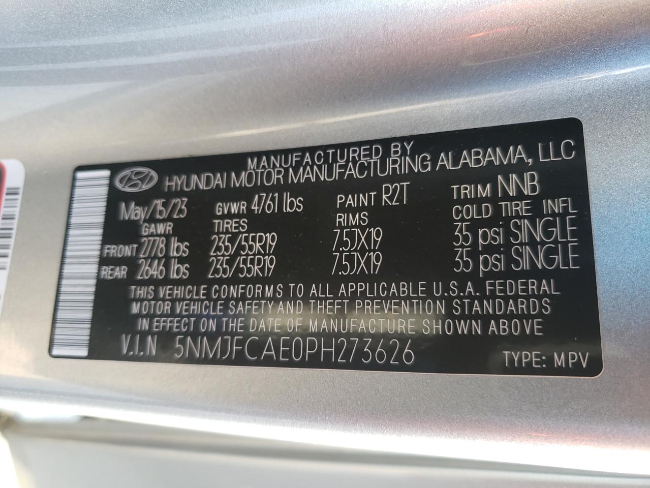 2023 HYUNDAI TUCSON SEL VIN:5NMJFCAE0PH273626