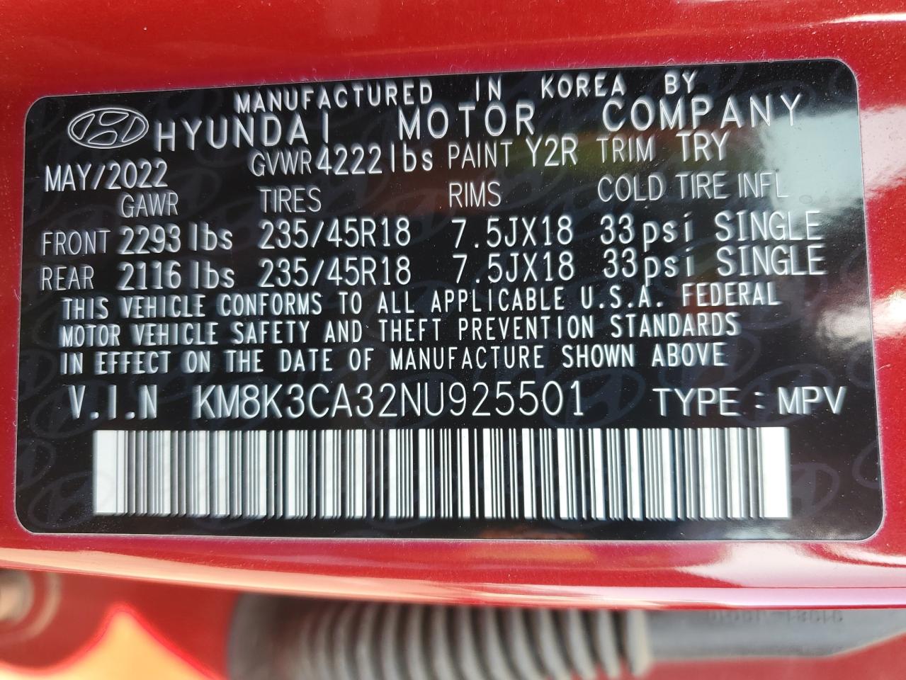 2022 HYUNDAI KONA N LINE VIN:KM8K3CA32NU925501