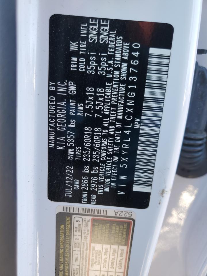 2022 KIA SORENTO S VIN:5XYRL4LCXNG137640