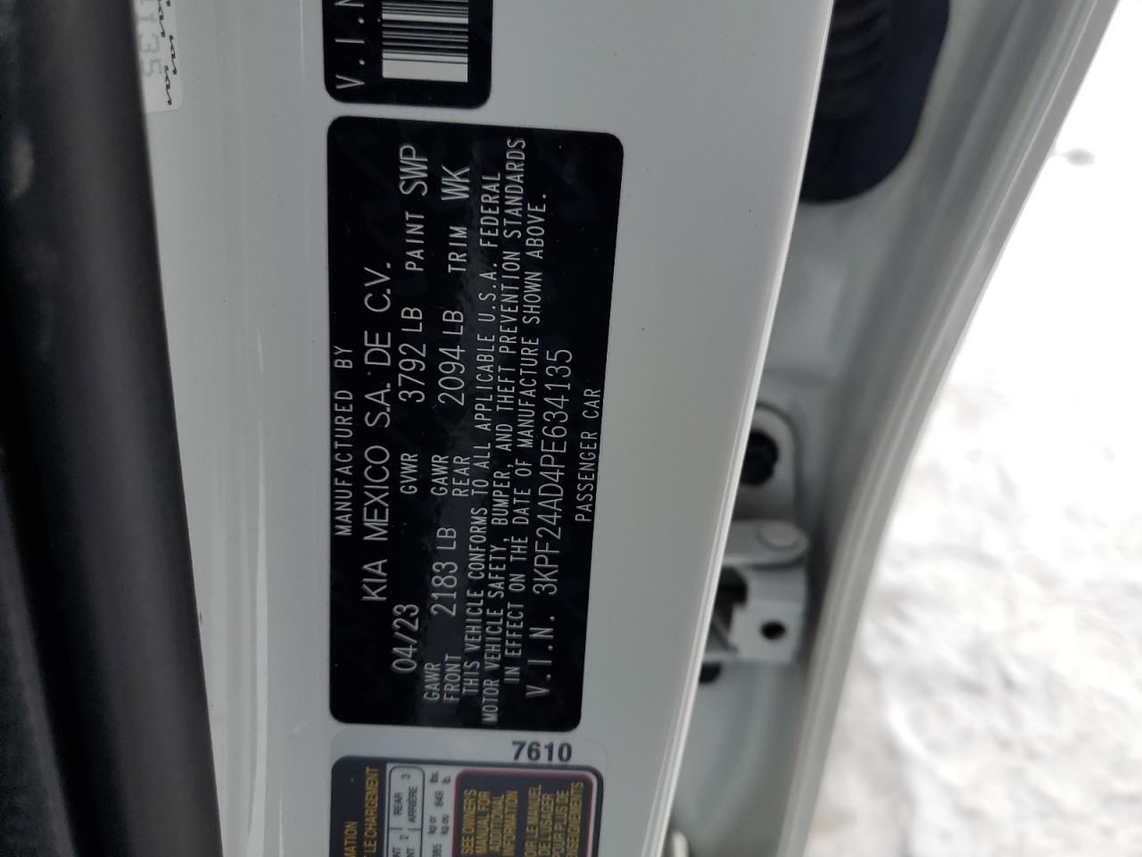 2023 KIA FORTE LX VIN:KM8SR4HF7KU304738