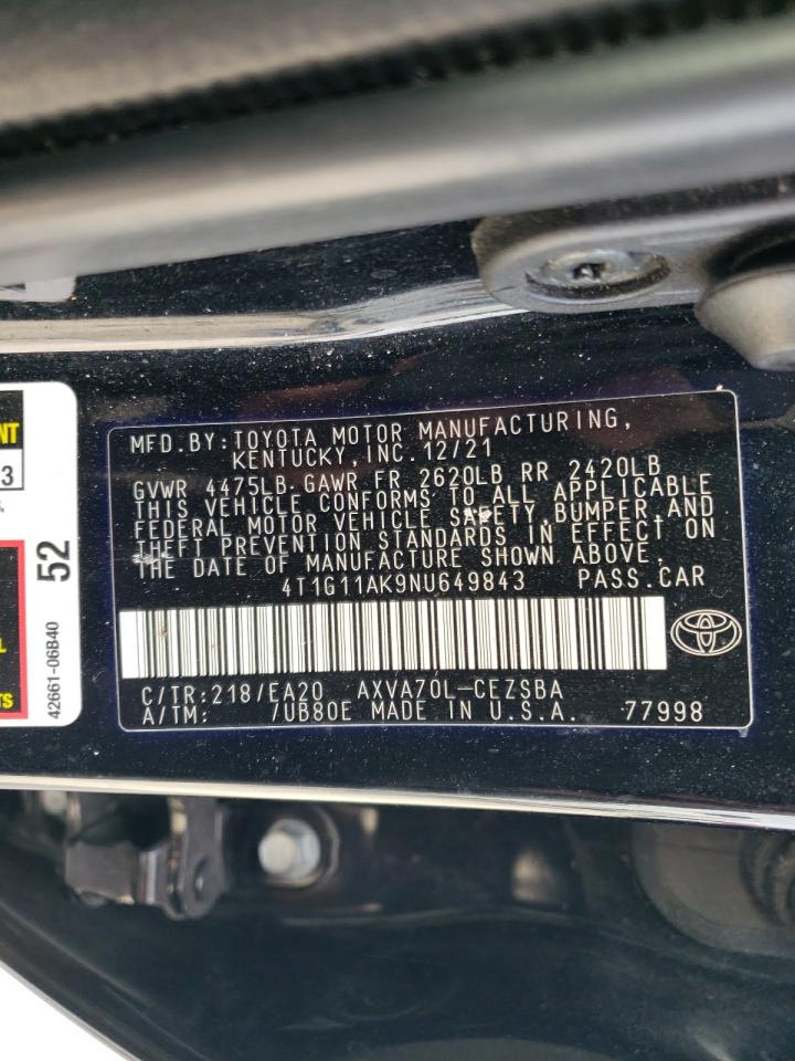 2022 TOYOTA CAMRY SE VIN:4T1G11AK9NU649843