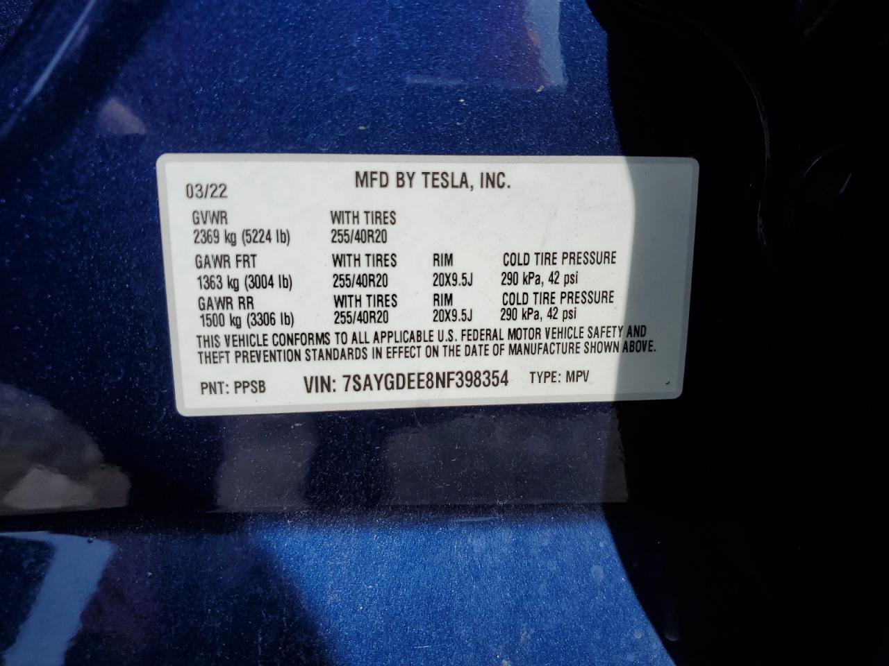 2022 TESLA MODEL Y VIN:7SAYGDEE8NF398354