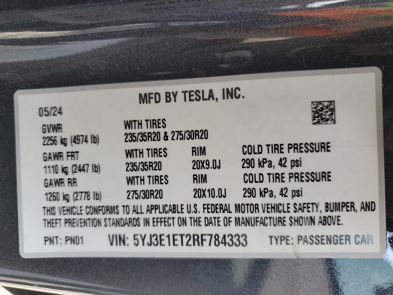 2024 TESLA MODEL 3 VIN:5YJ3E1ET2RF784333