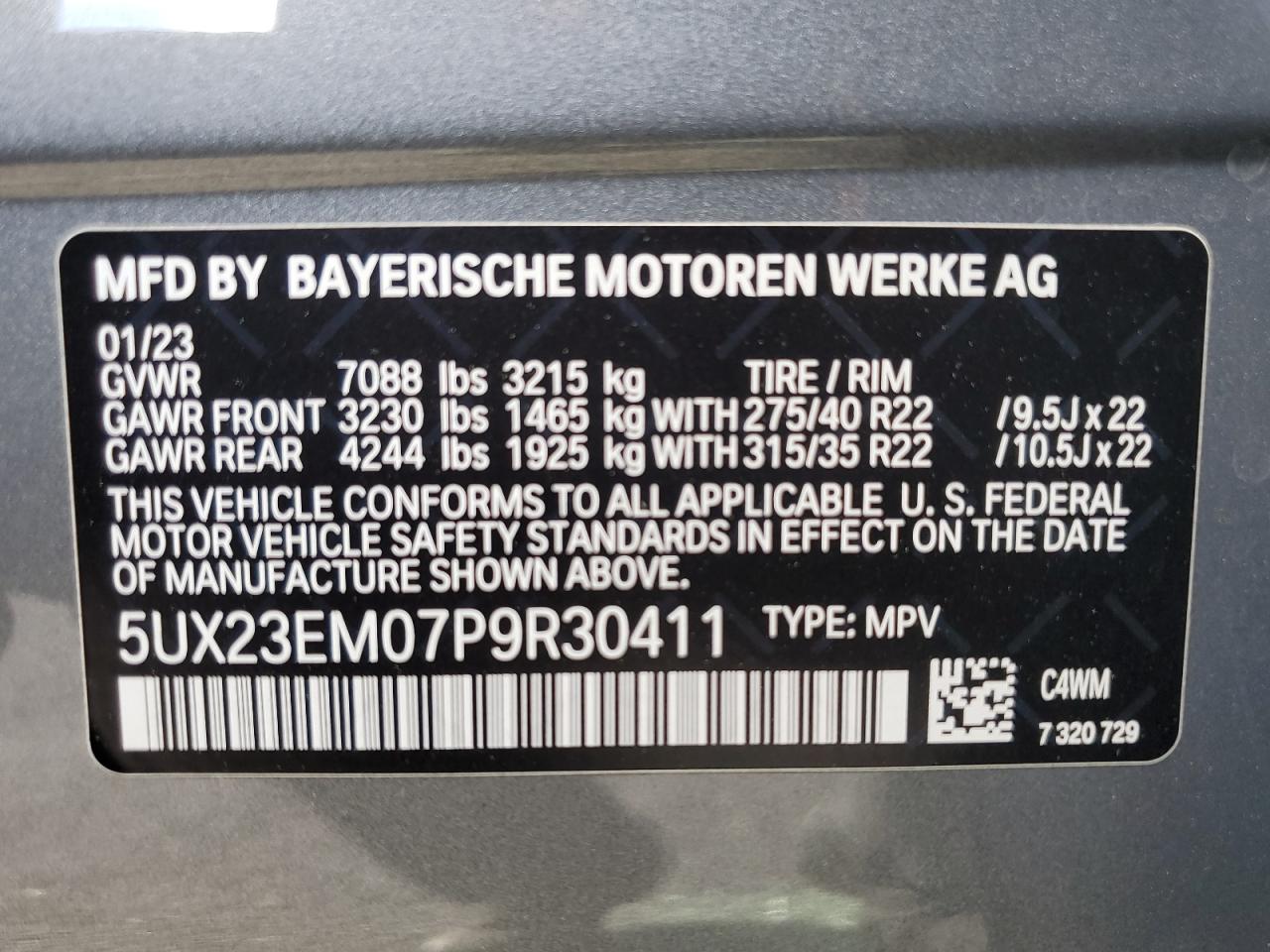 2023 BMW X7 XDRIVE40I VIN:5UX23EM07P9R30411