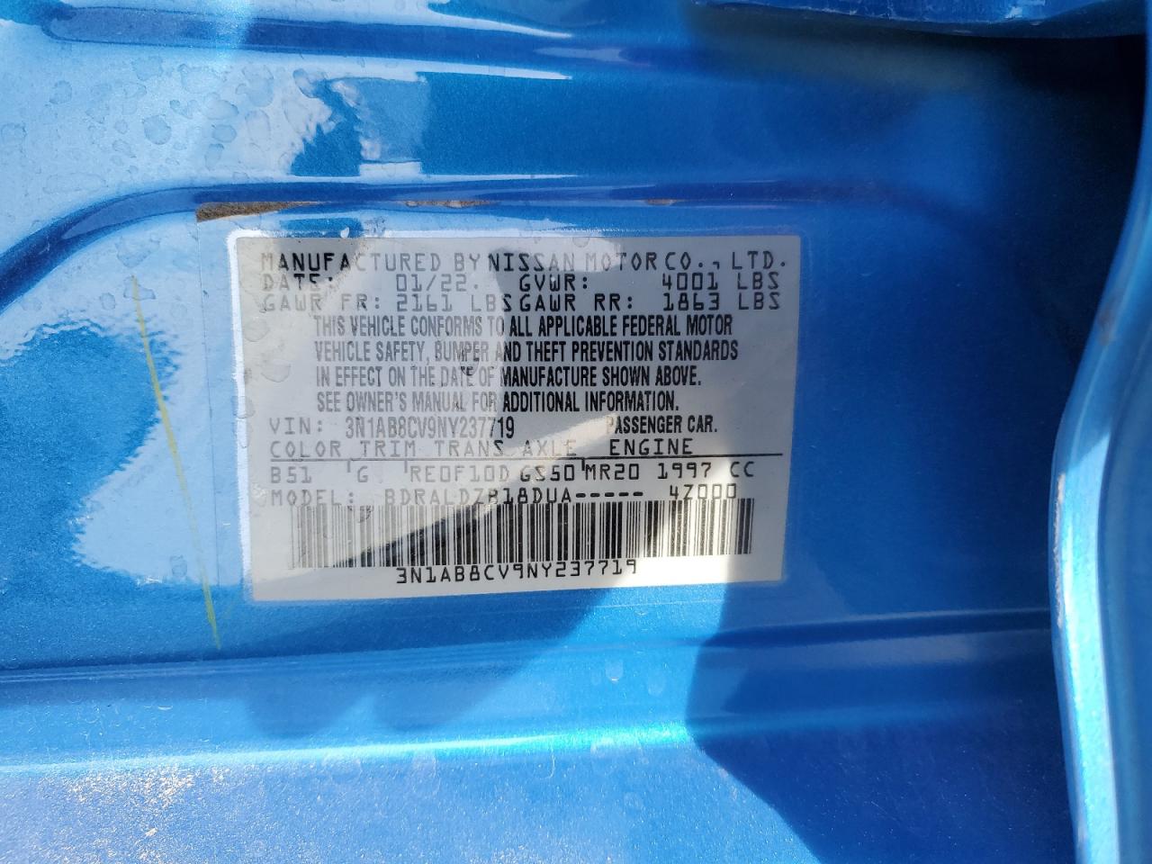 2022 NISSAN SENTRA SV VIN:3N1AB8CV9NY237719