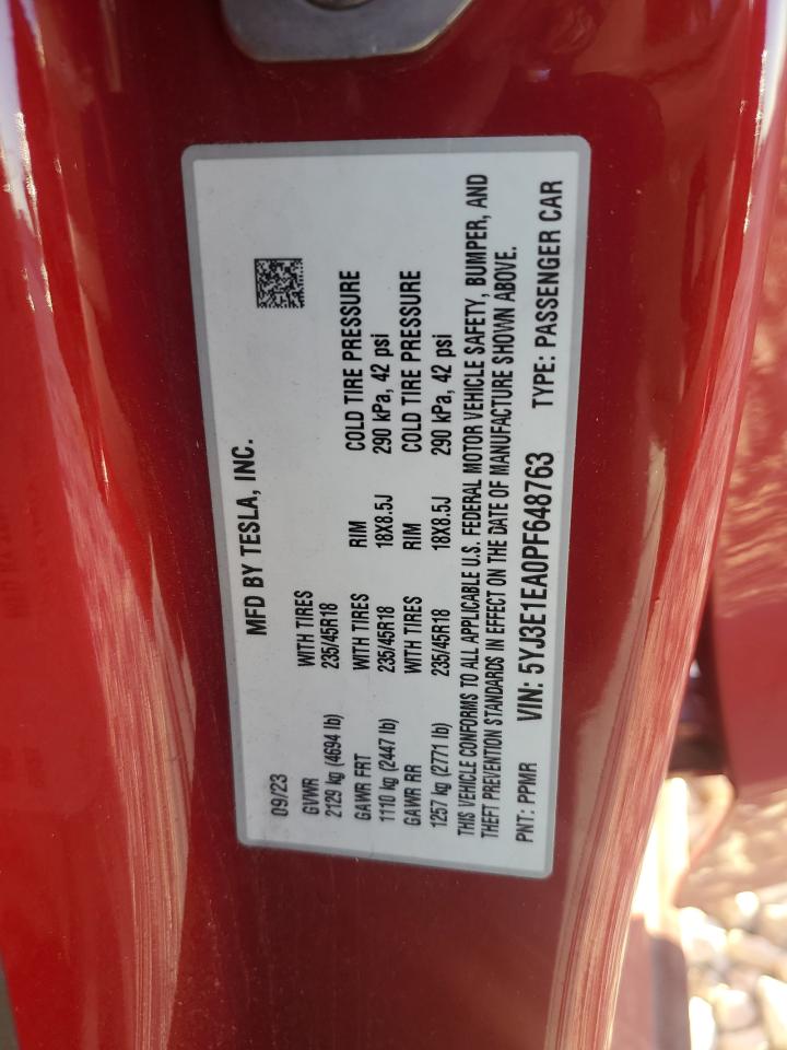2023 TESLA MODEL 3 VIN:5YJ3E1EA0PF648763