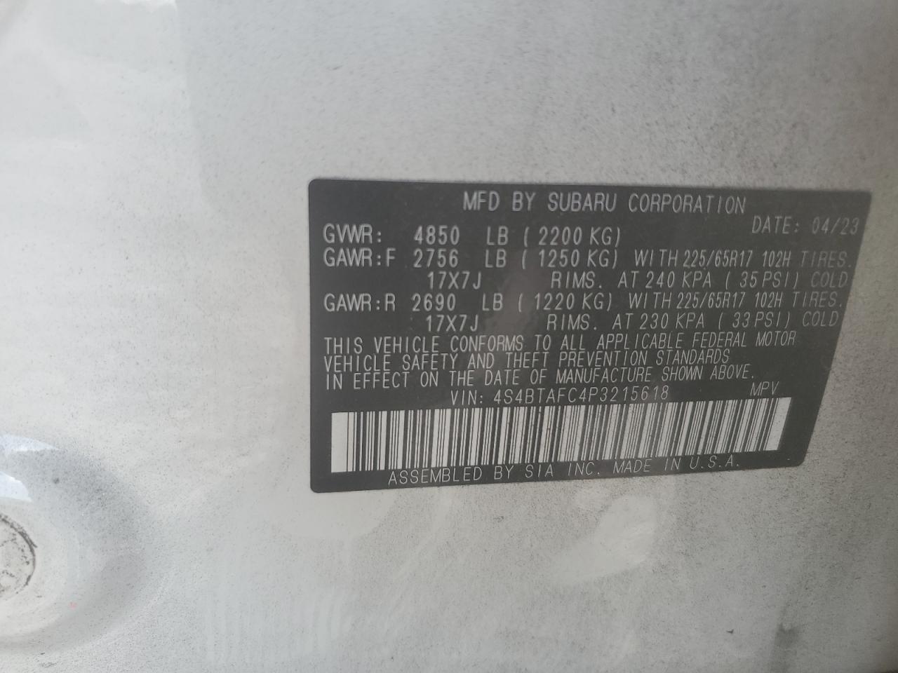 2023 SUBARU OUTBACK PREMIUM VIN:4S4BTAFC4P3215618