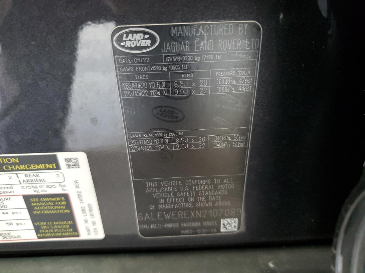 2022 LAND ROVER DEFENDER 110 VIN:SALEWEREXN2107089