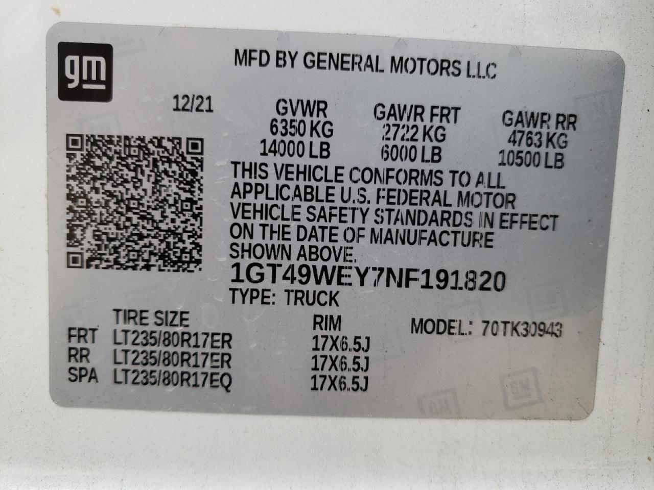 2022 GMC SIERRA K3500 DENALI VIN:1GT49WEY7NF191820