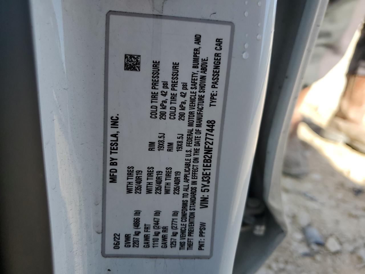 2022 TESLA MODEL 3 VIN:5YJ3E1EB2NF277448