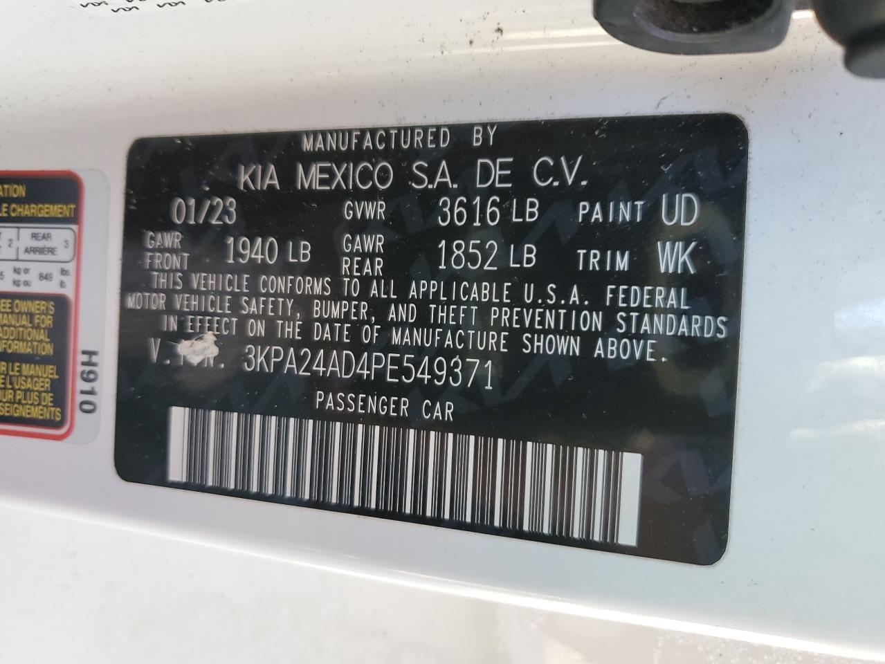 2023 KIA RIO LX VIN:3KPA24AD4PE549371