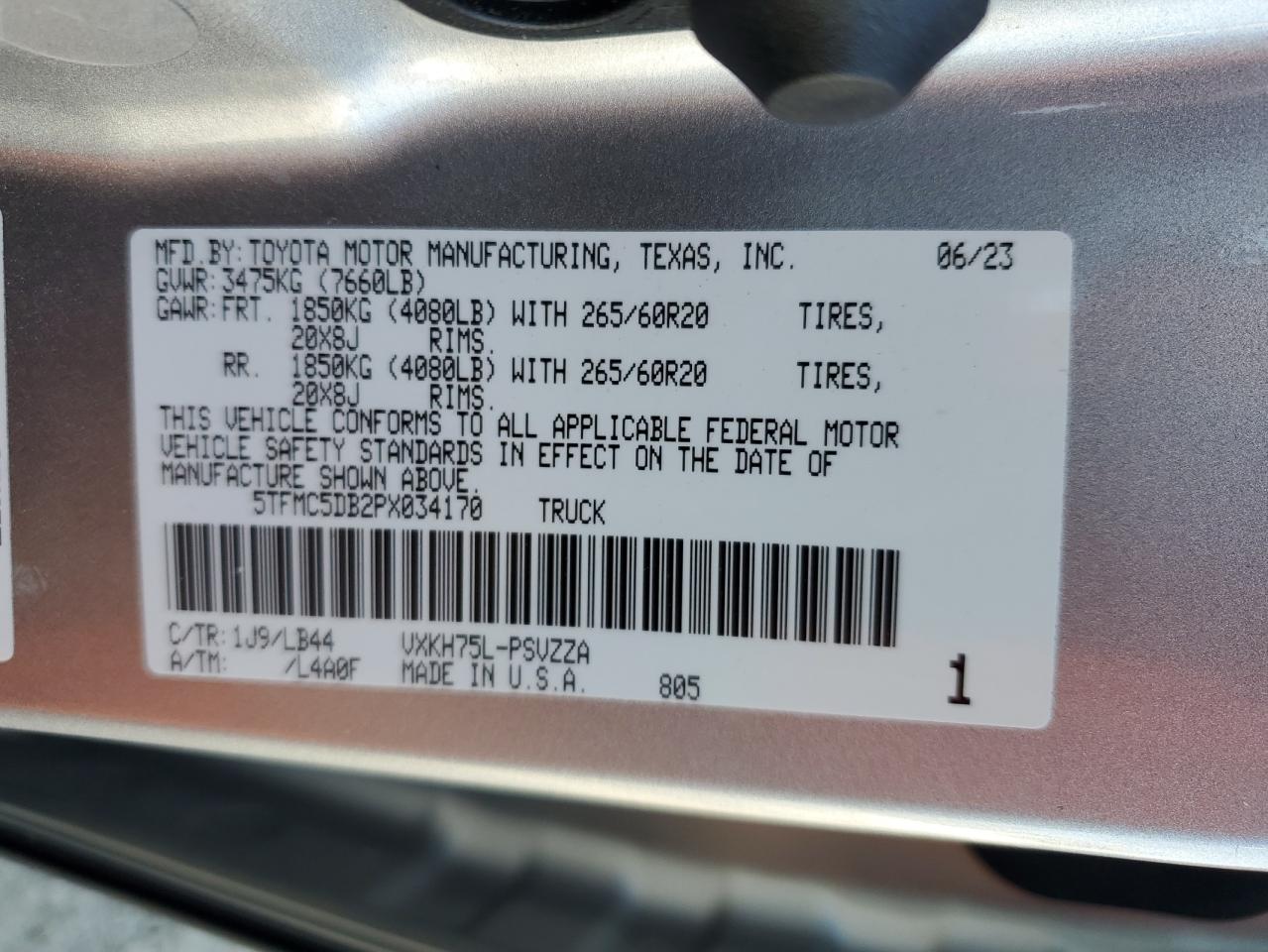 2023 TOYOTA TUNDRA CREWMAX PLATINUM VIN:5TFMC5DB2PX034170